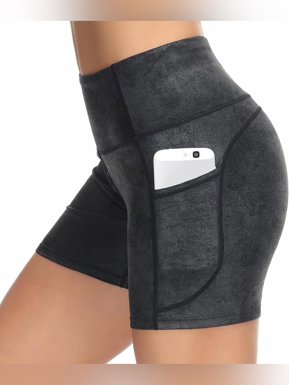 High Waist Yoga Shorts Faux Leather Coated in Black Size Large